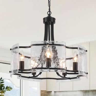 Imagem de TCWGAUI Lustre Moderno De Vidro Preto Para Sala De Jantar, Lustre De Cristal Texturizado Com 5 Luzes, Luminária Redonda Estilo Tambor, Lustre Rústico De Fazenda Para Cozinha, Ilha, Quarto, Sala De