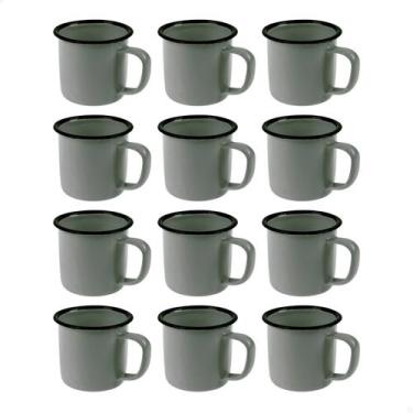 Imagem de Kit Jogo 12 Caneca Esmaltada 350ml Grande Chá Café Cinza Cozinha Metal