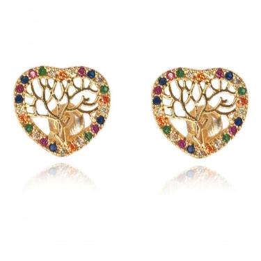 Imagem de Brinco Premium Colchões Coração com Zircônia Colorida Folheado em Ouro 18K 1CM Dourado Feminino