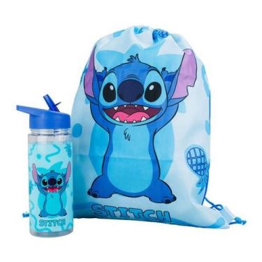 Imagem de Garrafa plástico 450ml com mochila tipo saco stitch abacaxi -disney