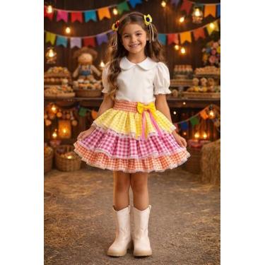 Imagem de Saia Xadrez Festa Junina Infantil Juvenil Rosa Amarela Junino Caipira 