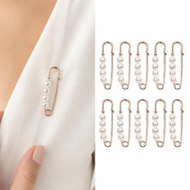 Imagem de Kit 10 Alfinetes Dourados com Pérolas para Ajustar Roupas, Calças, Blu