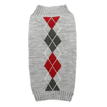 Imagem de Suéteres de tricô Argyle para animais de estimação roupas para cães de estimação (grande, cinza) comprimento das costas 40,6 cm
