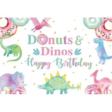 Imagem de Yeele 2,1 x 1,5 m Donuts Dinossauros Feliz Aniversário Pano de Fundo de Fotografia Doce Donut Recém-Nascido Meninas Crianças Decoração de Festa Mesa de Bolo Banner de Mesa de Vinil para Foto Estúdio Cabine de Estúdio