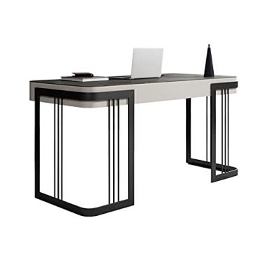 Imagem de TOMYEUS Mesa de estudo de computador com luz moderna sala de estudo de luxo 1,1 m 1,2 m 1,4 m 1,6 m de placa de rock mesa minimalista com gaveta para escritório em casa, grande suporte de monitor estação de trabalho escritório em casa escrivaninha