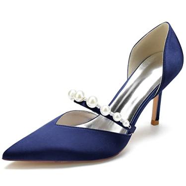 Imagem de Sapatos femininos Mary Jane Pearls Bridal salto de casamento vestido de festa baile 8,5 cm, Azul-escuro, 9.5