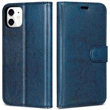Imagem de HAODEE Capa de telefone Clamshell com 2 slots de cartão, capa de telefone carteira à prova de choque de couro genuíno para Apple iPhone 12 Mini (2020) 5,4 polegadas (cor: azul)