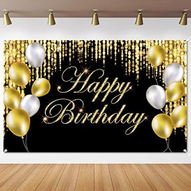 Imagem de Banner de fundo de feliz aniversário em ouro preto grande Happy Birthday Yard Sign backgroud It's My Birthday Backdrop Baby Shower Party Indoor Outdoor Car Decor Supplies para homens, mulheres, meninos e meninas