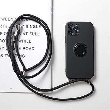 Imagem de Capa de alça com suporte de anel para iPhone 13 12 Pro Mini XS Max XR X SE 2020 7 8 Plus 11 Pro Crossbody Cordão Cordão Capa magnética em TPU, Preto, Para 7 Plus 8 Plus