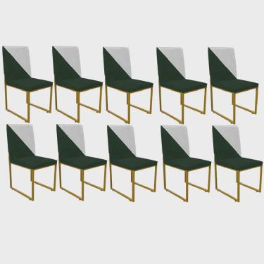 Imagem de Kit 10 Cadeira Office Stan Duo Sala de Jantar Industrial Ferro Dourado Suede Verde e Branco - Ahazzo Móveis