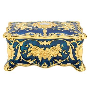 Imagem de Caixa de Joias Vintage, baú Retangular Com Forro de Veludo para Mesa de Maquiagem (Azul Dourado)