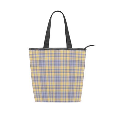 Imagem de Bolsa feminina de lona durável, vintage, amarela, cinza, azul, xadrez, bolsa de ombro para compras