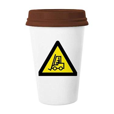 Imagem de Símbolo de aviso amarelo preto empilhadeiras triângulo caneca café copo cerâmica tampa copo