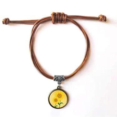 Imagem de DIYthinker Pulseira de couro com girassol amarelo verde flor vegetal pulseira de couro corda marrom joia presente