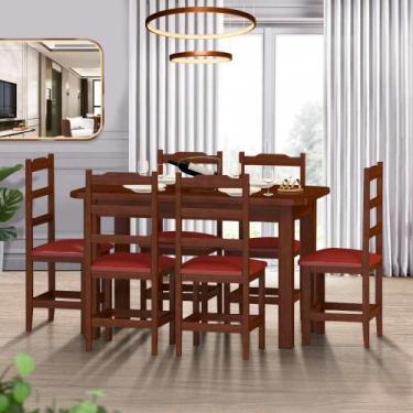 Imagem de Mesa Com 6 Cadeiras Estofadas Madeira Maciça Castanho Vermelho Pérola