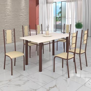 Imagem de Conjunto Sala de Jantar Bahia Mesa Tubo 140x75cm Tampo Madeira com 6 Cadeiras Creme / Marrom