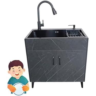 Imagem de Armário De Pia De Cozinha Pia Autônoma De Aço Inoxidável Com Torneira De Água Quente E Fria, Estação De Lavagem De Mãos Multiuso Pia Comercial Para Restaurante Doméstico Interno E Externo,Preto,60
