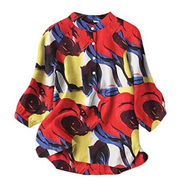Imagem de Camiseta feminina verão gola mandarim botão manga 3/4 estampada túnica fina e leve blusas casuais Estampado Henley 2023 Camisa Lençóis de algodão Na baixa Top feminina Tie dye M69-D 3X-Large