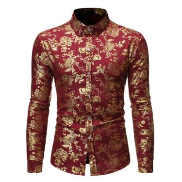 Imagem de Camisa masculina casual com gola de lapela estampada em bronze camisa floral de manga comprida com botões, Vinho tinto, M