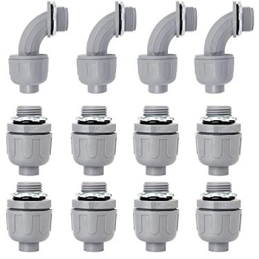 Imagem de Wocloer Conector de conduíte flexível de PVC de 1/5.1 cm, conector apertado líquido listado pela UL, acessórios de conduíte elétrico não metálico, pacote com 12 (8 peças 180D/4 peças 90D)