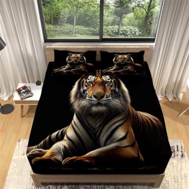 Imagem de Jogo de cama solteiro GG com bolso extra profundo, 3 peças, animal tigre, preto, 40,6 cm, lençol de elástico macio e ultraprofundo e 2 fronhas