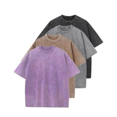 Imagem de Eisctnd Camisetas masculinas grandes unissex vintage camiseta de algodão sólido lavagem ácida casual hip hop tops, Preto + café + cinza + roxo, P