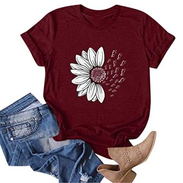 Imagem de Camiseta feminina com estampa de girassol, manga curta, casual, solta, gola redonda, estampa floral, básica, leve, Vinho, P