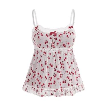 Imagem de SHENHE Blusa feminina plus size de renda com estampa de cereja e laço de malha com babados peplum, Branco, 4G Plus Size