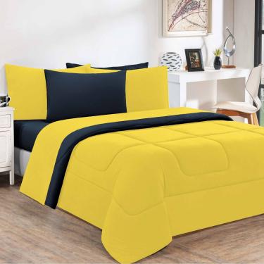 Imagem de Edredom Malha 100% Algodão Gran Moratta 1 Peça Solteiro - Amarelo/Azul Marinho
