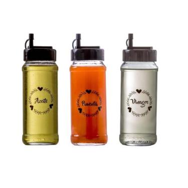 Imagem de Kit Galheteiros De Vidro 330ml Redondo 3 Peças(Azeite/Vinagre/Pimenta)