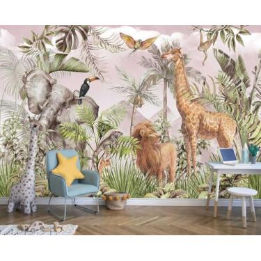 Imagem de Reyhui Pinturas em aquarela, animais da selva tropical, safári, elefantes, girafas, leões, papagaios, folhas de palmeira, arte pintada à mão, papel de parede adequado para decoração de quarto infantil