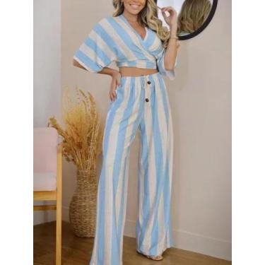 Imagem de Conjunto Feminino Calça e Cropped Listrado - J & R, Azul, GG
