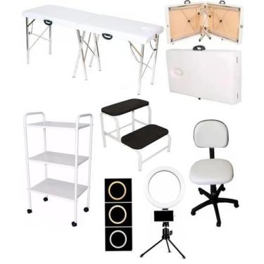 Imagem de Kit Maca Estética Portátil Carrinho Mocho Escada Luminária Ring - Fisc