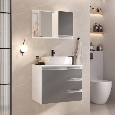 Imagem de Conjunto Gabinete Banheiro Prisma 60cm Gabinete + Cuba + Espelheira Com Vidro Branco Cinza