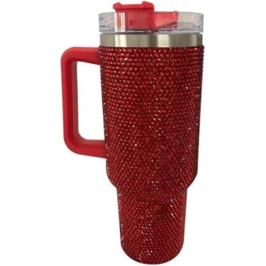 Imagem de Daofaith Caneca de café de viagem isolada de aço inoxidável copo de vácuo resistente a vazamento de parede dupla com canudo, copo de cristal brilhante de 1,2 l com alça, vermelho