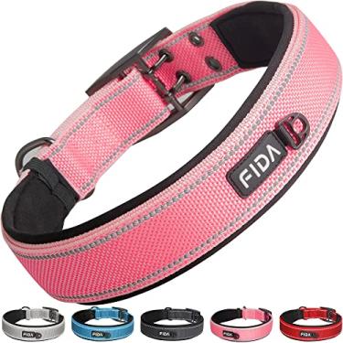 Imagem de Fida Coleira para cães resistente de 3,8 cm de largura, acolchoado de neoprene ultramacio, coleira de nylon refletiva ajustável com fivela de cinto de dois pinos de metal para raças grandes/GG (GG, rosa)