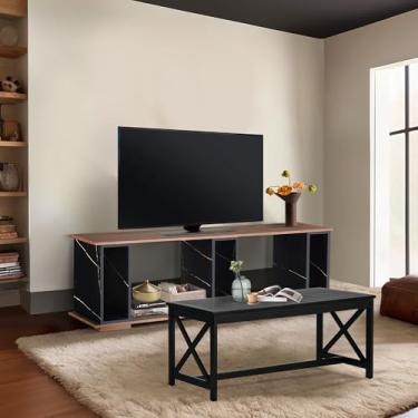 Imagem de GIA Conjunto de 2 peças de mesa para sala de estar, incluindo suporte de TV de 177 cm com armazenamento aberto e mesa de centro de madeira preta, acabamento em mármore falso ou nogueira