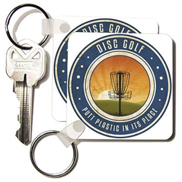 Imagem de 3dRose Coloque plástico em seu lugar nº 11 - silhueta da cesta de golfe de disco frisbee conforme o sol nasce - chaveiros, 5,7 x 11,4 cm, conjunto de 2 (kc_39411_1)