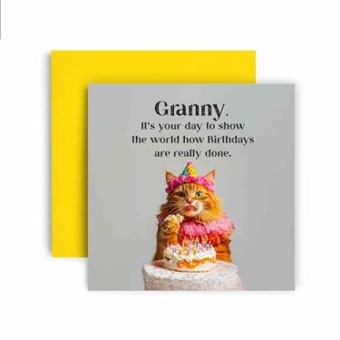 Imagem de Huxters Cartão engraçado vovó feliz aniversário - Cat Show How Birthdays are Done - Vale-presente para ela cartão para vovó - 14,8 cm (vovó)