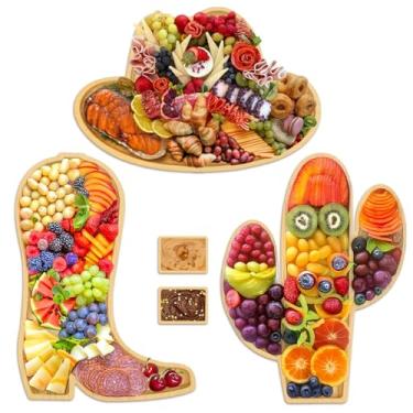 Imagem de Fayavoo 5 tábuas de charcutaria com pires, chapéu de cowboy de madeira, travessa de servir, bota de vaqueira, tábua de queijo, bandeja de comida de cacto, pratos de bambu para decorações de festa de
