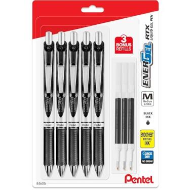 Imagem de Pentel Energel Canetas de tinta de gel líquido RTX Deluxe de 0,7 mm, ponta de metal, pacote com 5 canetas pretas com 3 refis