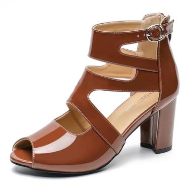Imagem de MAIERNISI JESSI Sandália feminina gladiadora peep toe salto grosso vazado com zíper, Patente marrom, 38