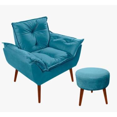 Imagem de Kit C/01 Poltrona Opala + 01 Puff Redondo Danny Suede Azul Turquesa - 