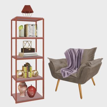 Imagem de Kit Poltrona Fatte com Manta Soft Lilás e Estante Livreiro Ferro Bronze mdf Rose Suede Bege - Ahazzo Móveis