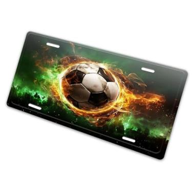 Imagem de Bola de futebol em chamas de fogo multicolorida capa de placa de licença - etiqueta artística de carro de alumínio, à prova de ferrugem, design exclusivo novidade - 15 x 30 cm