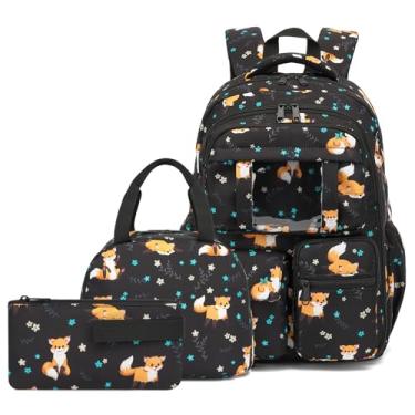 Imagem de Kouxunt Mochila escolar para adolescentes, 3 peças, mochilas para porta de geladeira com lancheira isolada, bolsa lápis para crianças e estudantes, Raposa preta, Large