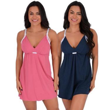 Imagem de Kit 2 Camisola Amamentação Suede Pós Parto Mamãe Bebê Fecho em Click -