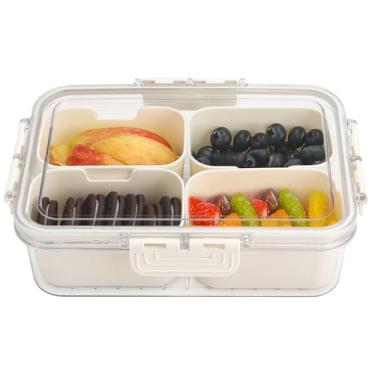 Imagem de Bandeja de lanche com 4 compartimentos, bandeja de servir dividida com tampa, mini caixa pequena para lanches, recipiente de charcutaria portátil para festa, piquenique, viagem, prato de comida para