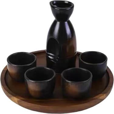 Imagem de Conjunto De Saquê Japonês Garrafa De Saquê De Cerâmica E Copos De Saquê Com Bandeja De Madeira Para Casa Ou Restaurante, Round Tray Small 1 Pot 4 Cups (Butterfly Yellow)