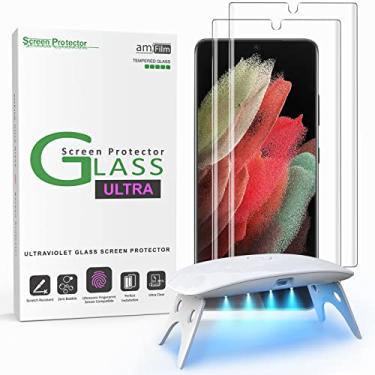 Imagem de Película protetora de tela de vidro temperado curvo 3D da amFilm para Galaxy S21 Ultra 5G 6,8 polegadas, totalmente compatível com o scanner de impressões digitais UltraSonic